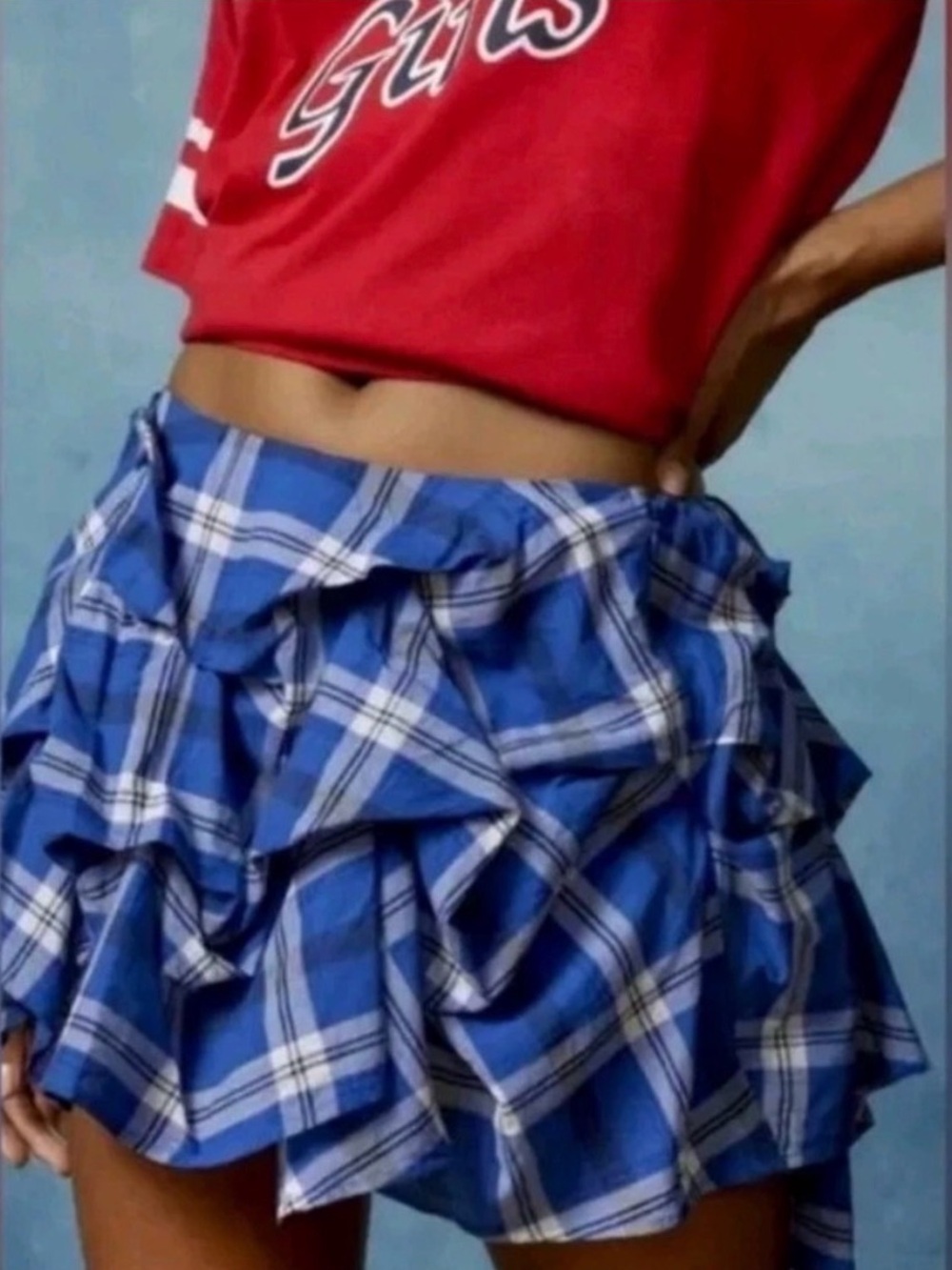 URBAN OUTFITTERS BDG Blue Plaid Anna Ruched Bubble Mini Skirt - Picture 1 of 8